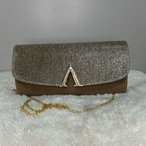 Elegant Brown and Silver Clutch with Gold Chain
